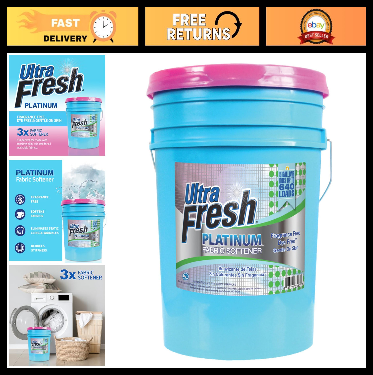 5 Gallon Liquid Fabric Softener for All Machines, 640 Loads, Fragrance & Dye Fre