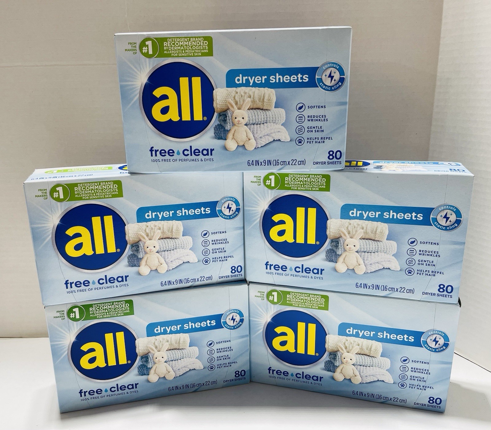5 Pk all Fabric Dryer Sheets for Sensitive Skin 100% Free Of Perfume & Dyes 80ct