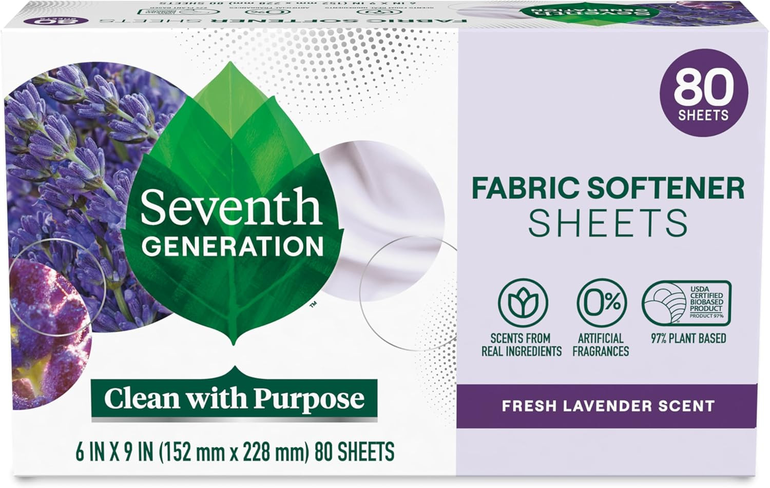 Seventh Generation Dryer Sheets Laundry Fabric Softener, Fresh Lavender Scent, 8