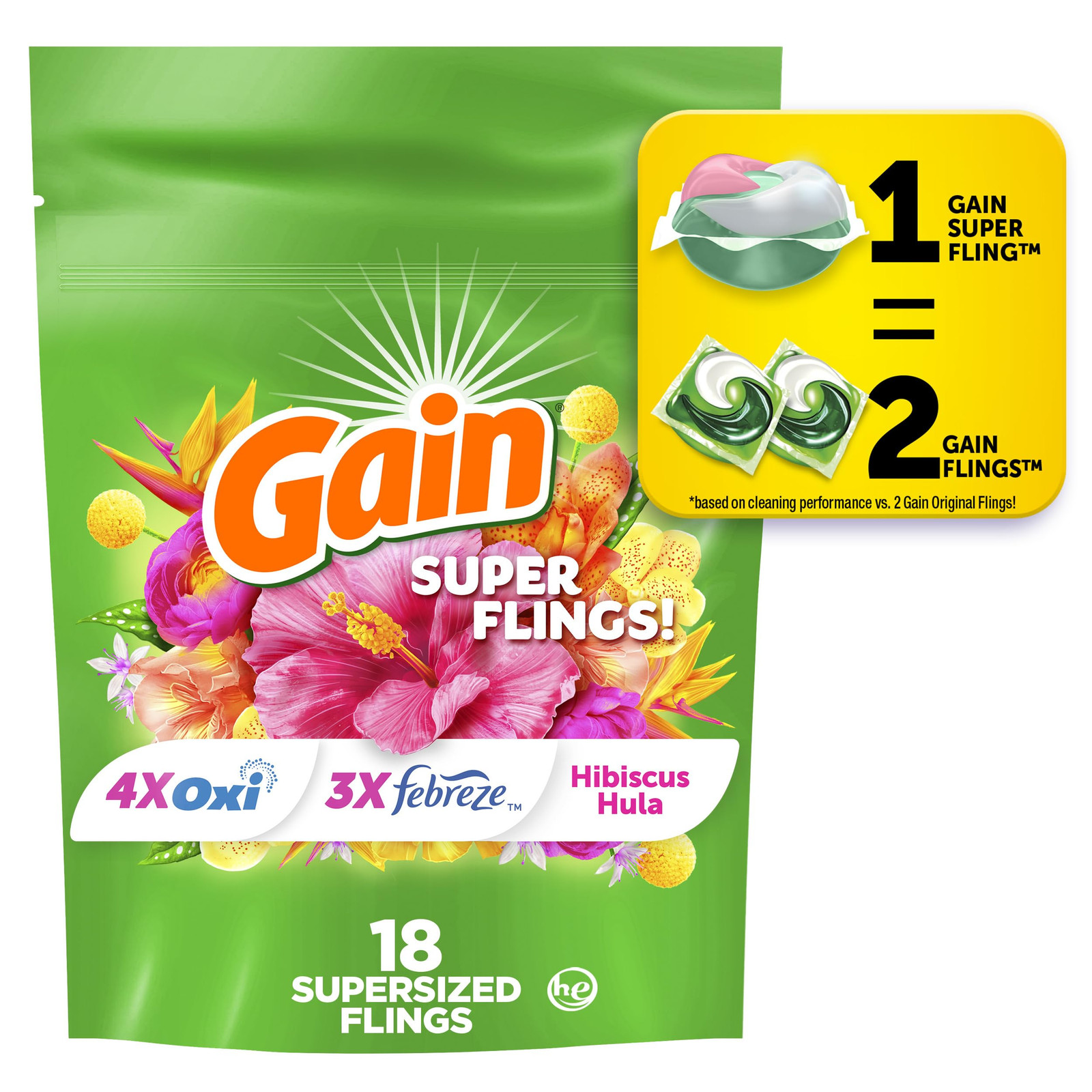 Gain Super Flings 18 Count Laundry Detergent Pacs Hibiscus Hula Freshness