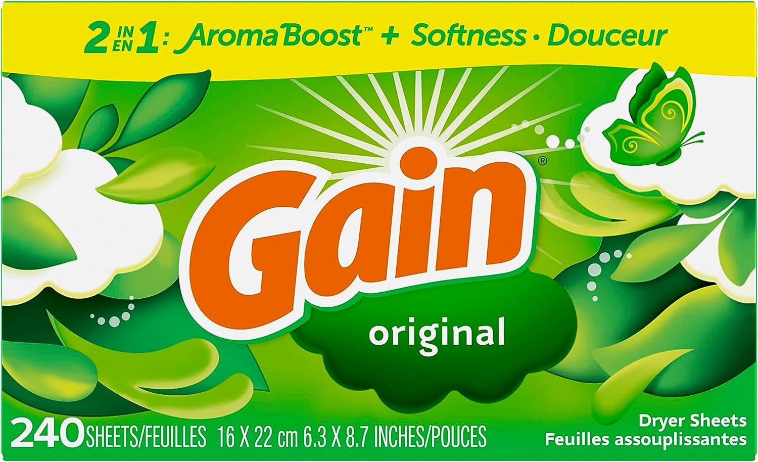 Gain Dryer Sheets Laundry Anti-Static Fabric Softener, Original Scent, 240 Count