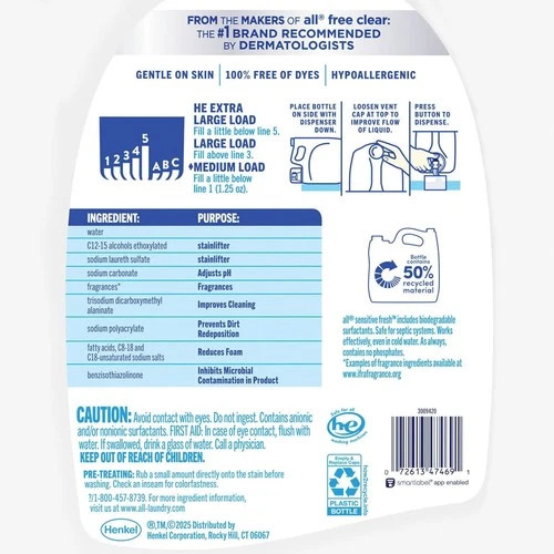 All Sensitive Fresh Liquid Laundry Detergent 208 fl oz 166 Loads Hypoallergenic