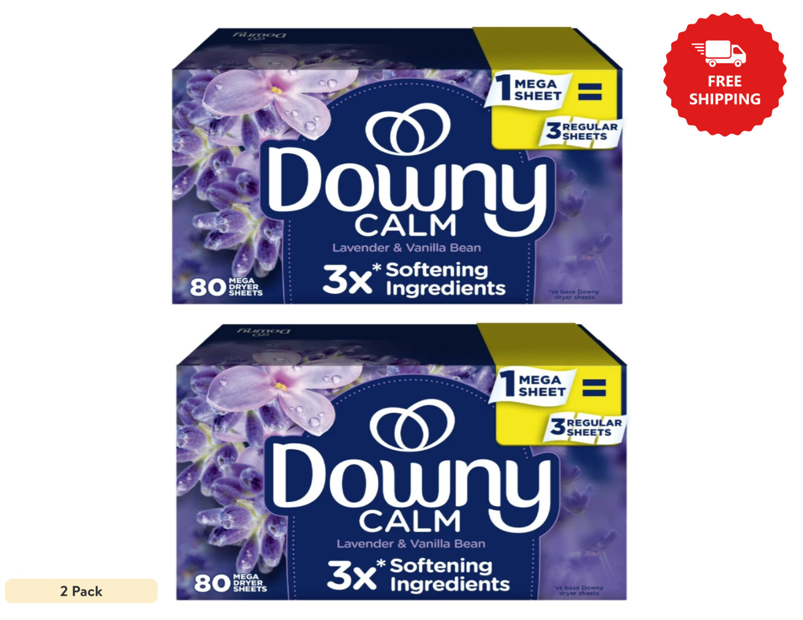 Downy Infusions Calm Mega Dryer Sheets, Lavender and Vanilla Bean Scent, 80×2 Ct