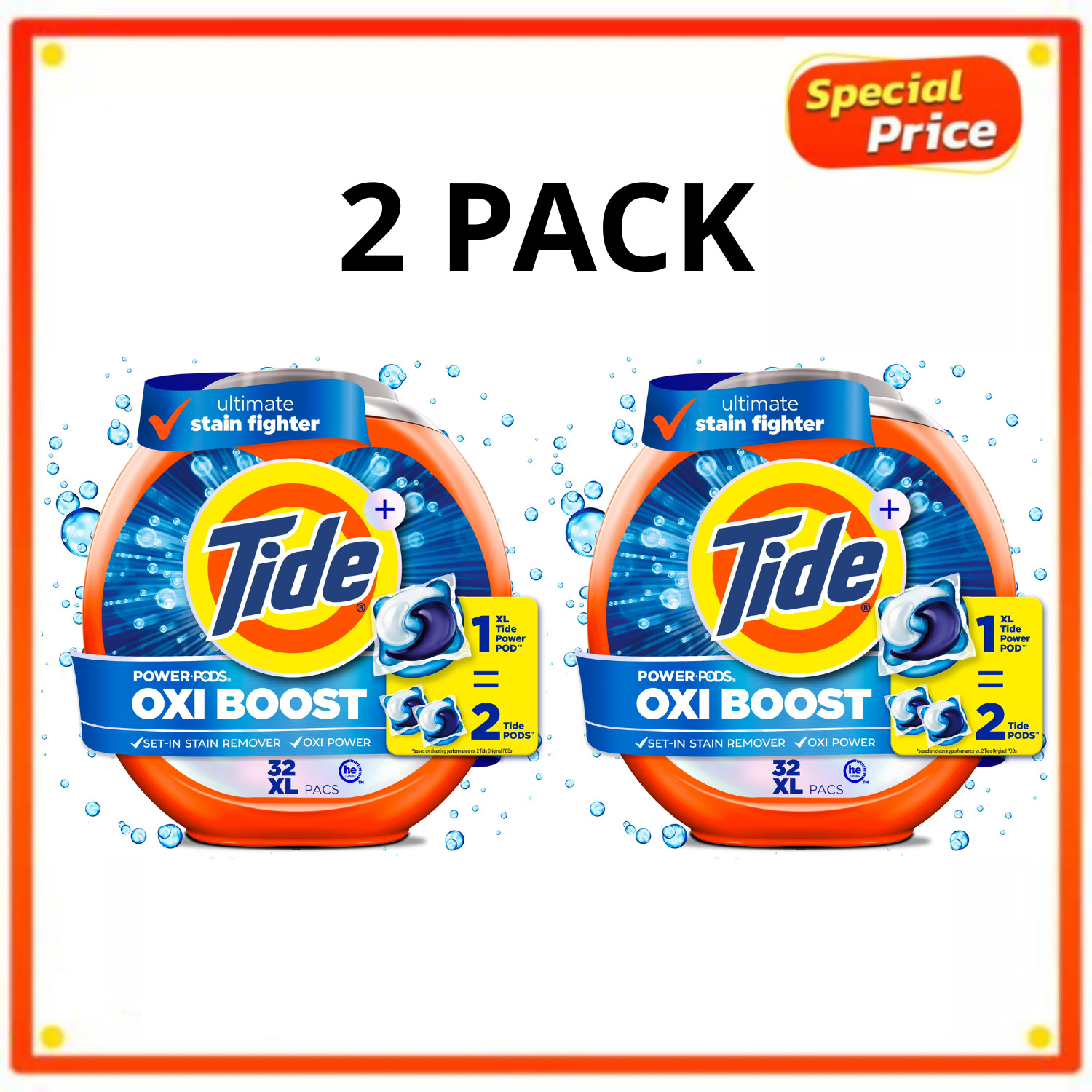 Tide Oxi Boost Power PODS Laundry Detergent Pacs 32 Ct Stain Remover, 2 Pack