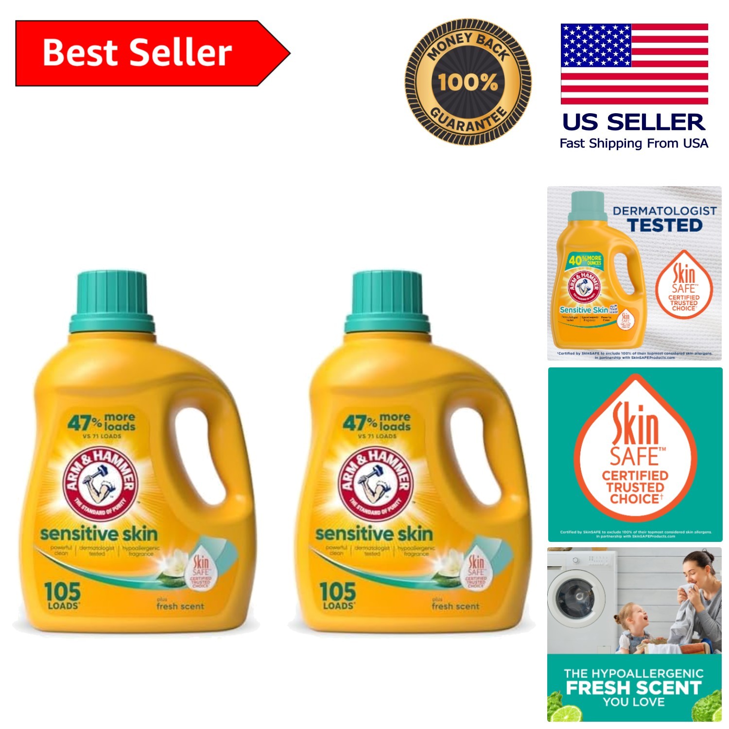 Concentrated Sensitive Skin Detergent, 210 oz, 105 Loads, Dermatologist Tested
