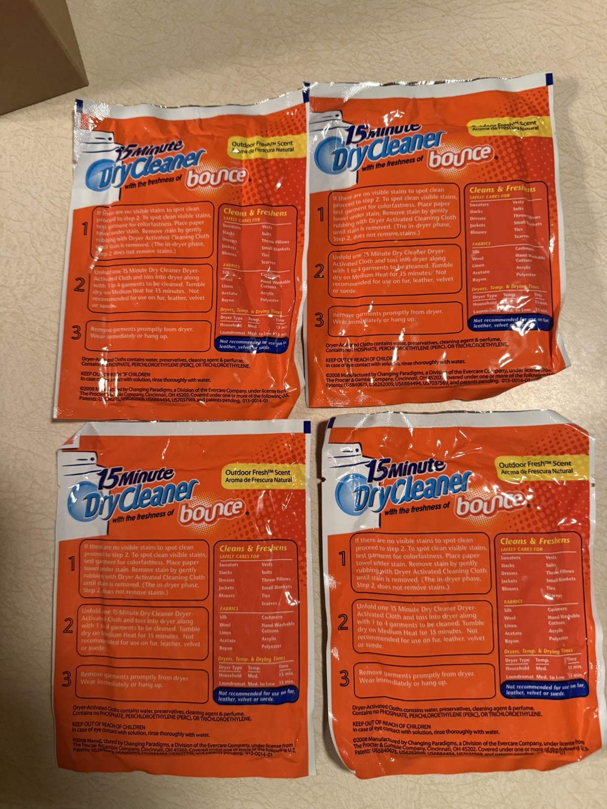 15 Minute Dry Cleaner w/ Bounce Outdoor Fresh Scent Dryer Activated Cloths x4