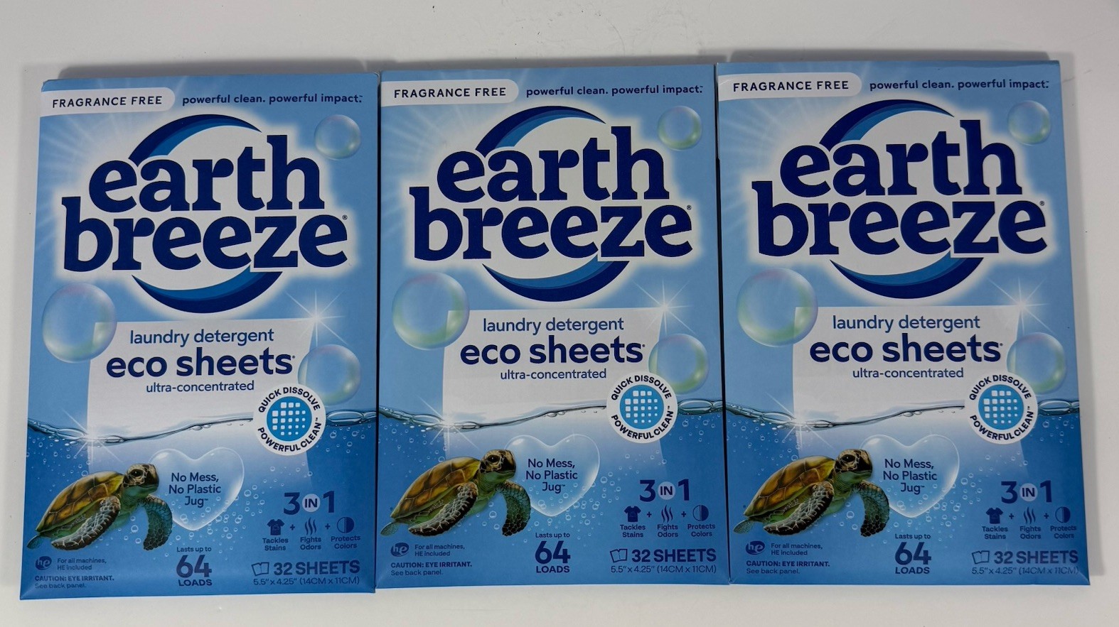 Earth Breeze Laundry Detergent Sheets Fragrance-Free 192 Loads 3×64 Lot 3
