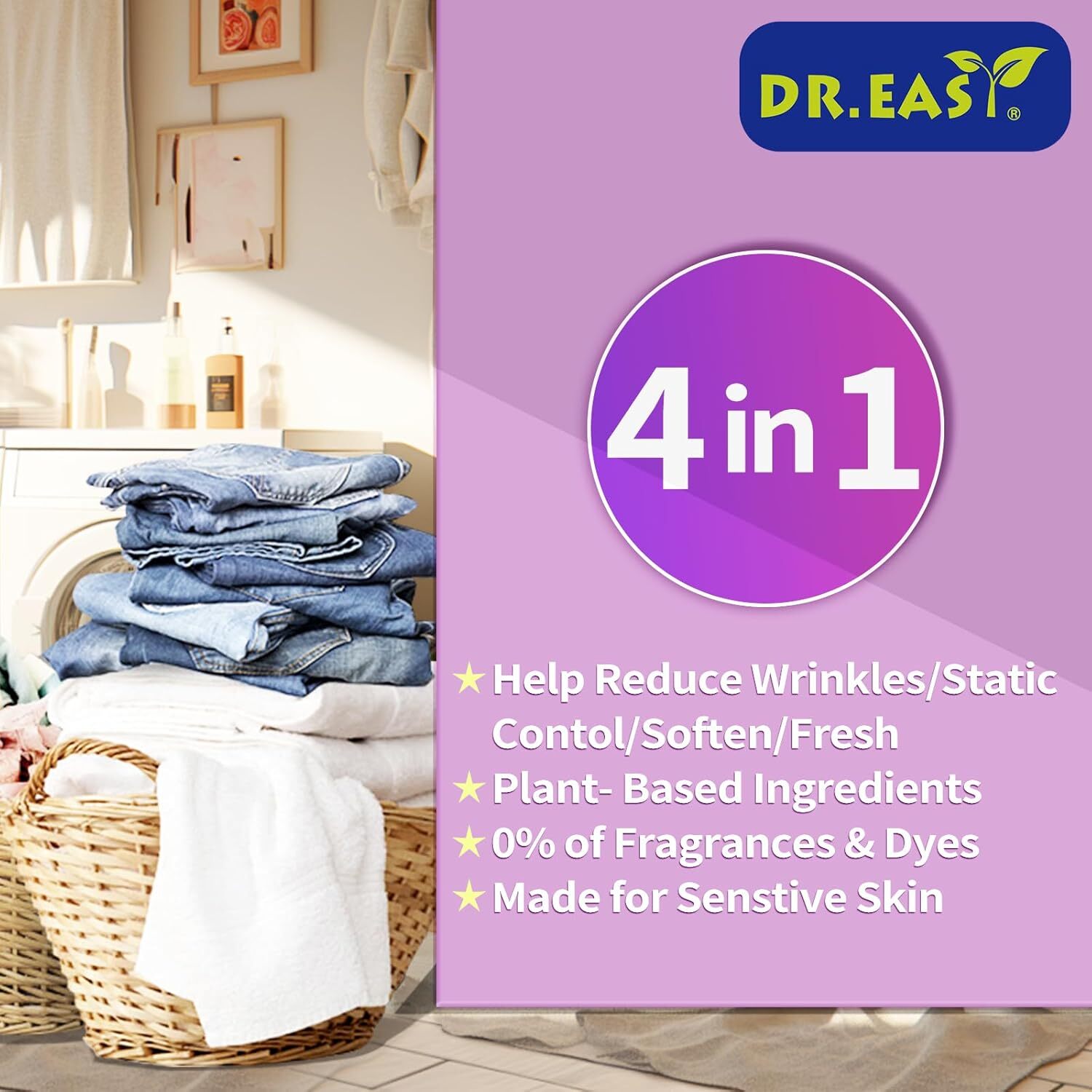 DR.EASY Dryer Sheets Plant Based Formula 252 Ct Fabric Softener Sheets for Laund