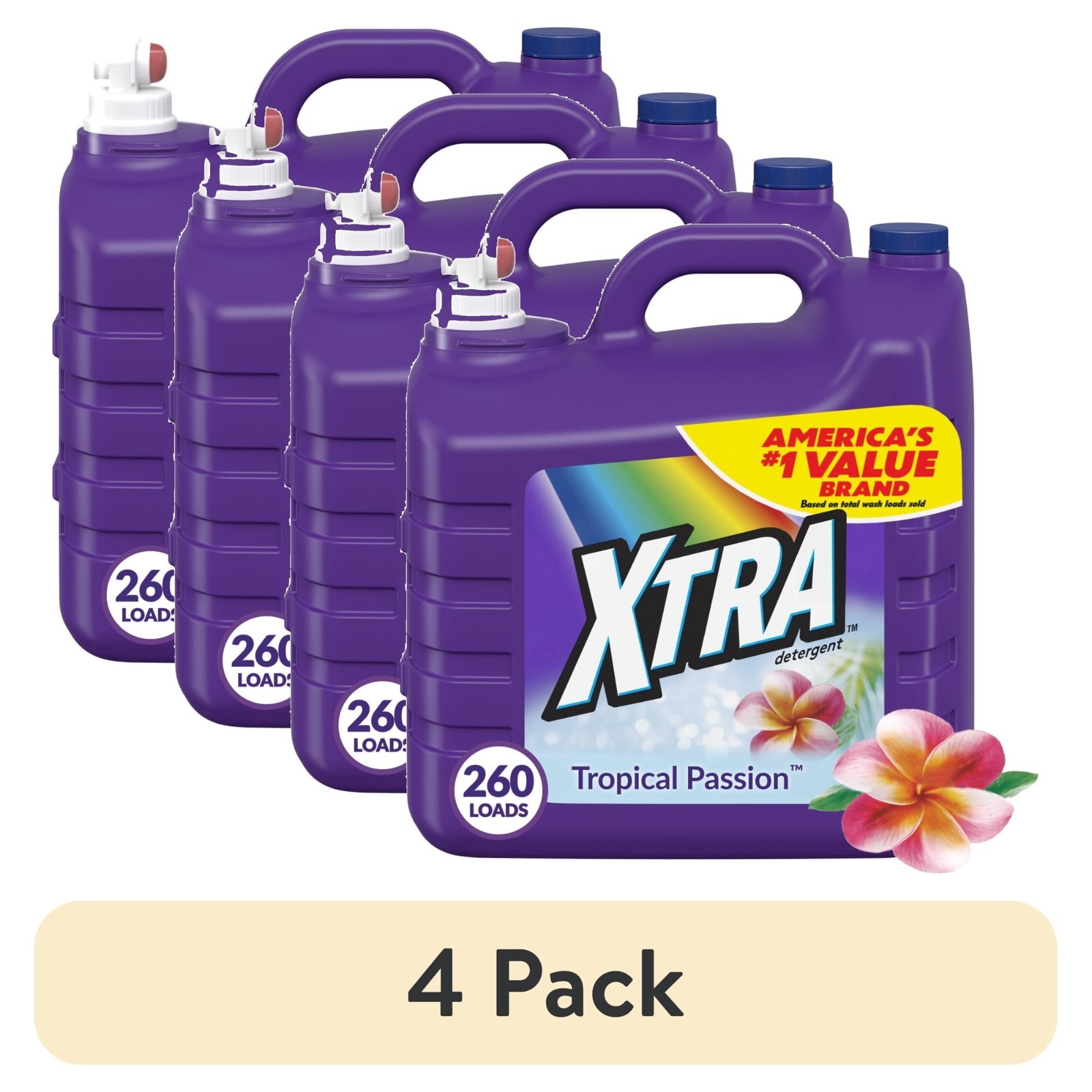 (4 Pack) Xtra Tropical Passion, 260 Loads Liquid Laundry Detergent, 312 fl oz