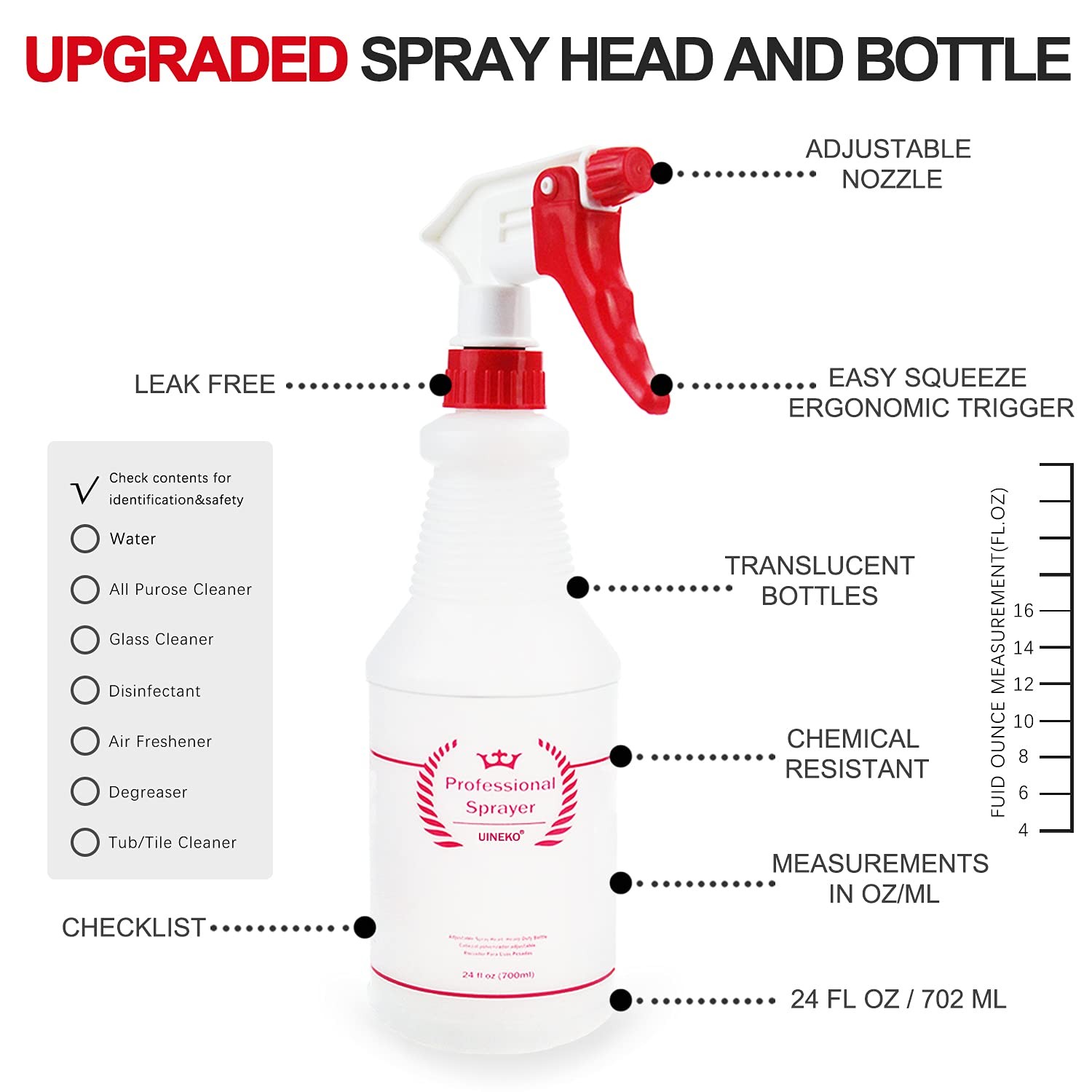 Empty Spray Bottles, Heavy Duty Sprayer, Mist & Stream, 4 Pack 24 Oz