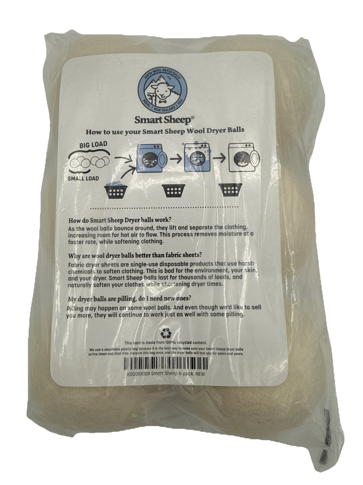 100% Wool Dryer Balls By Smart Sheep 6 Pack Premium Reusable Natural Fabric New
