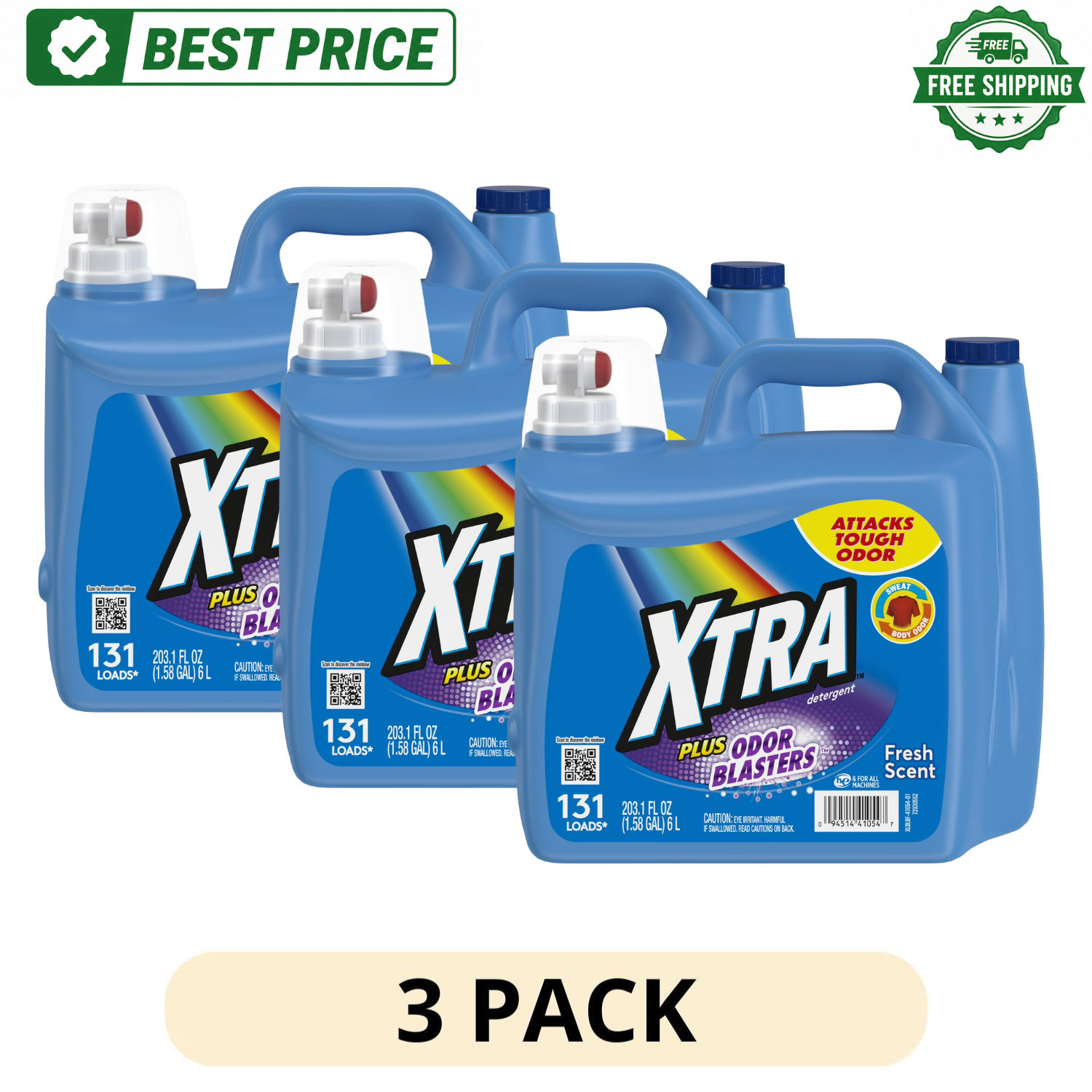 (3 Pack) Xtra Plus Odor Blasters Liquid Laundry Detergent 203.1 fl oz, 131 Loads