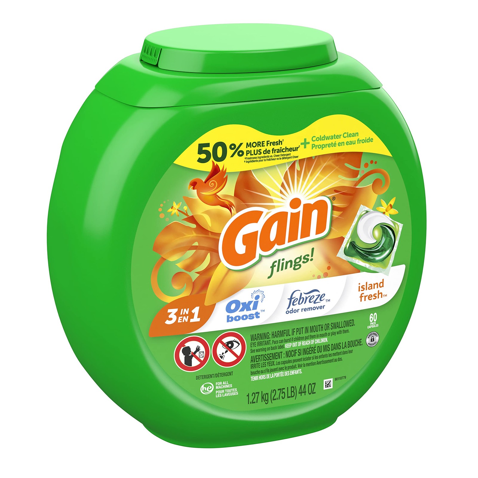 Gain Island Fresh Laundry Detergent 60 Count OxiBoost Febreze Pacs