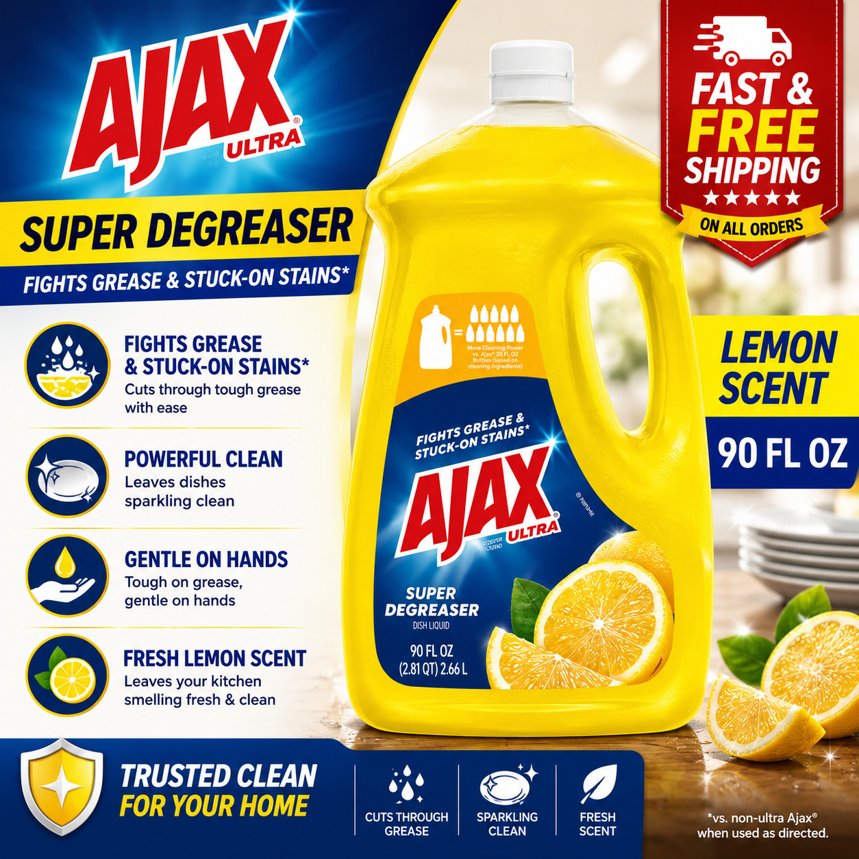 Ajax Ultra Liquid Dish Soap Lemon Scent, Super Degreaser, 90 fl oz Bottle