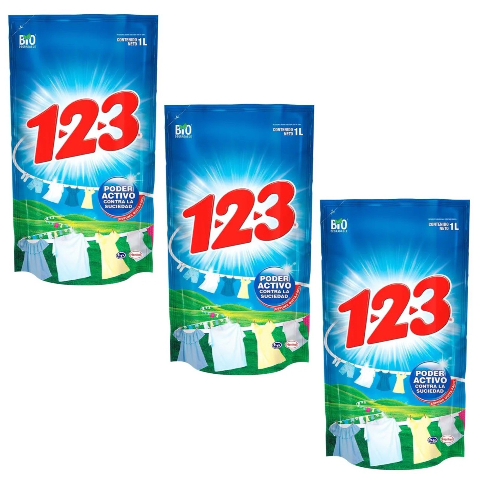 3X Detergente líquido 123 Poder Activo 🇲🇽 Liquid Laundry Detergent, 1L, 3 Pack
