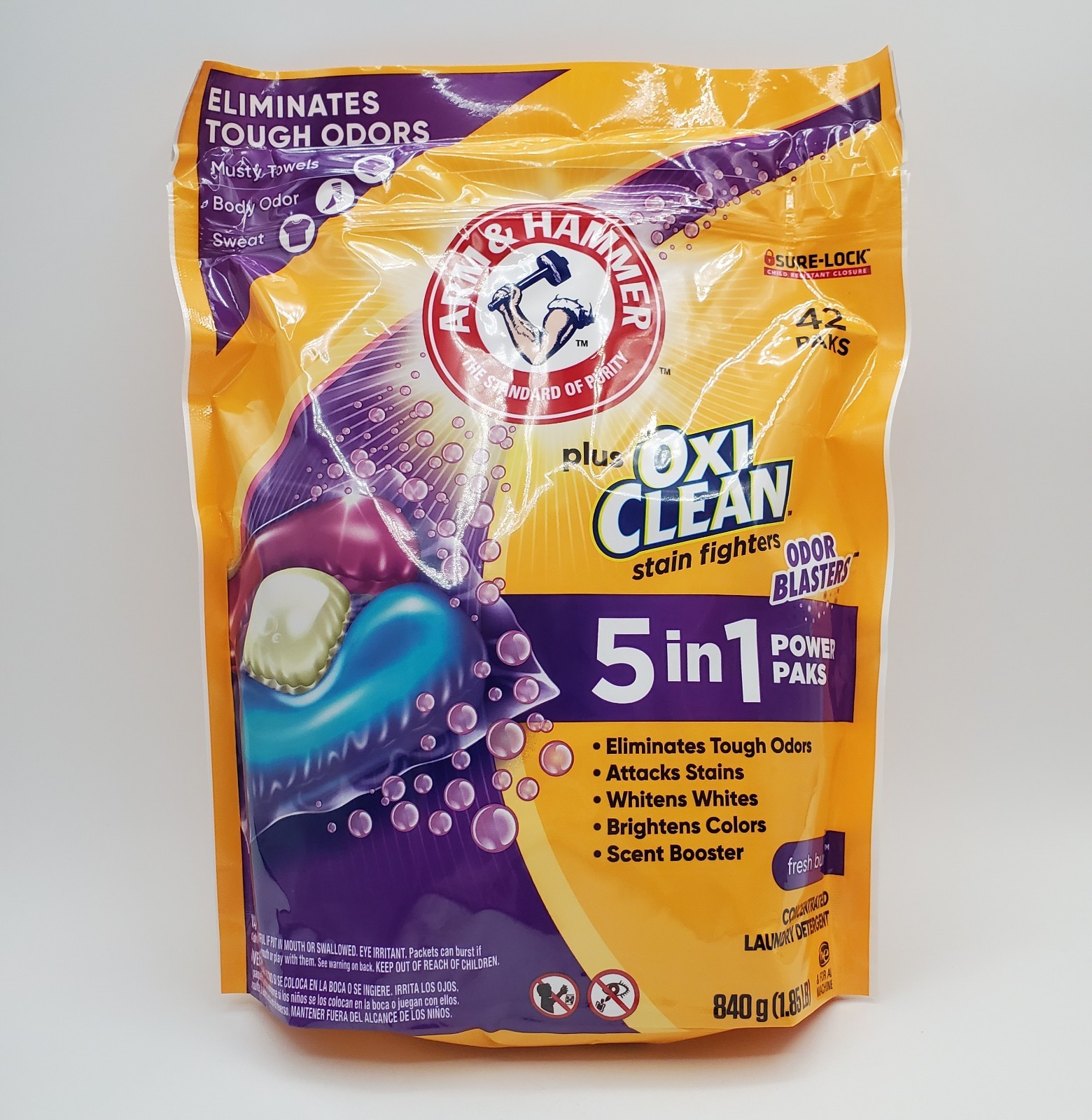 Arm Hammer Plus OxiClean 5 in 1 Power Paks 42ct Laundry Detergent Odor Blaster