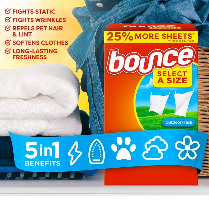 Bounce Select a Size Fabric Softener Dryer Sheets, Outdoor Fresh, 400 ct.