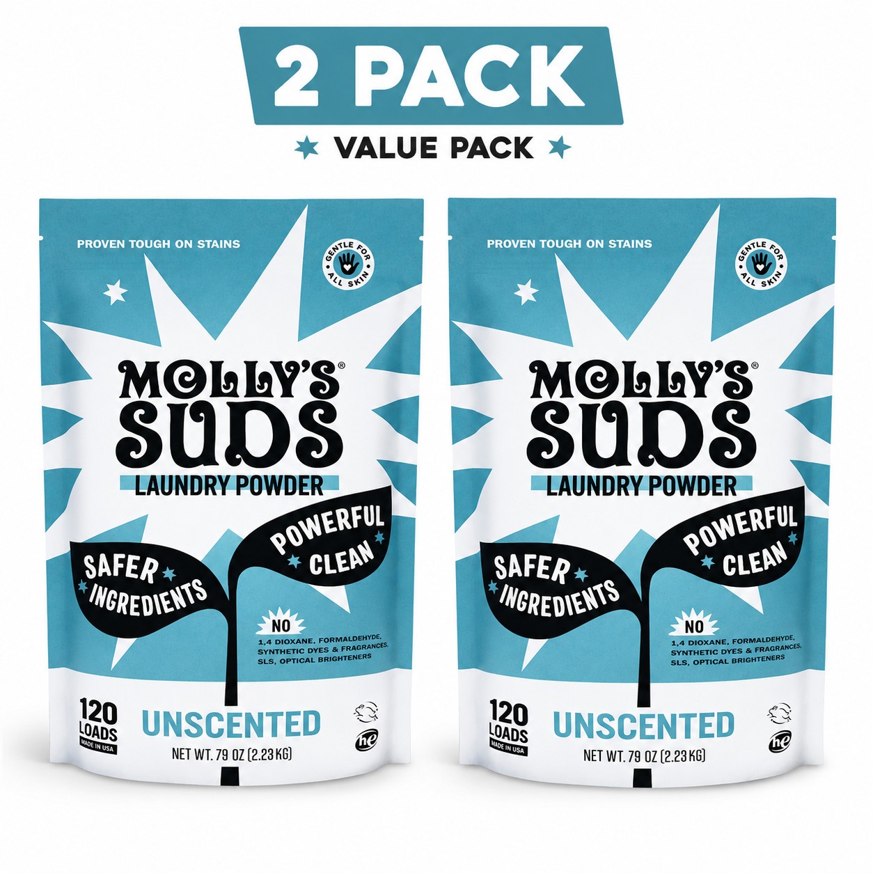 Molly’s Suds Bulk Laundry Powder Unscented 120 loads NEW 2-Pack