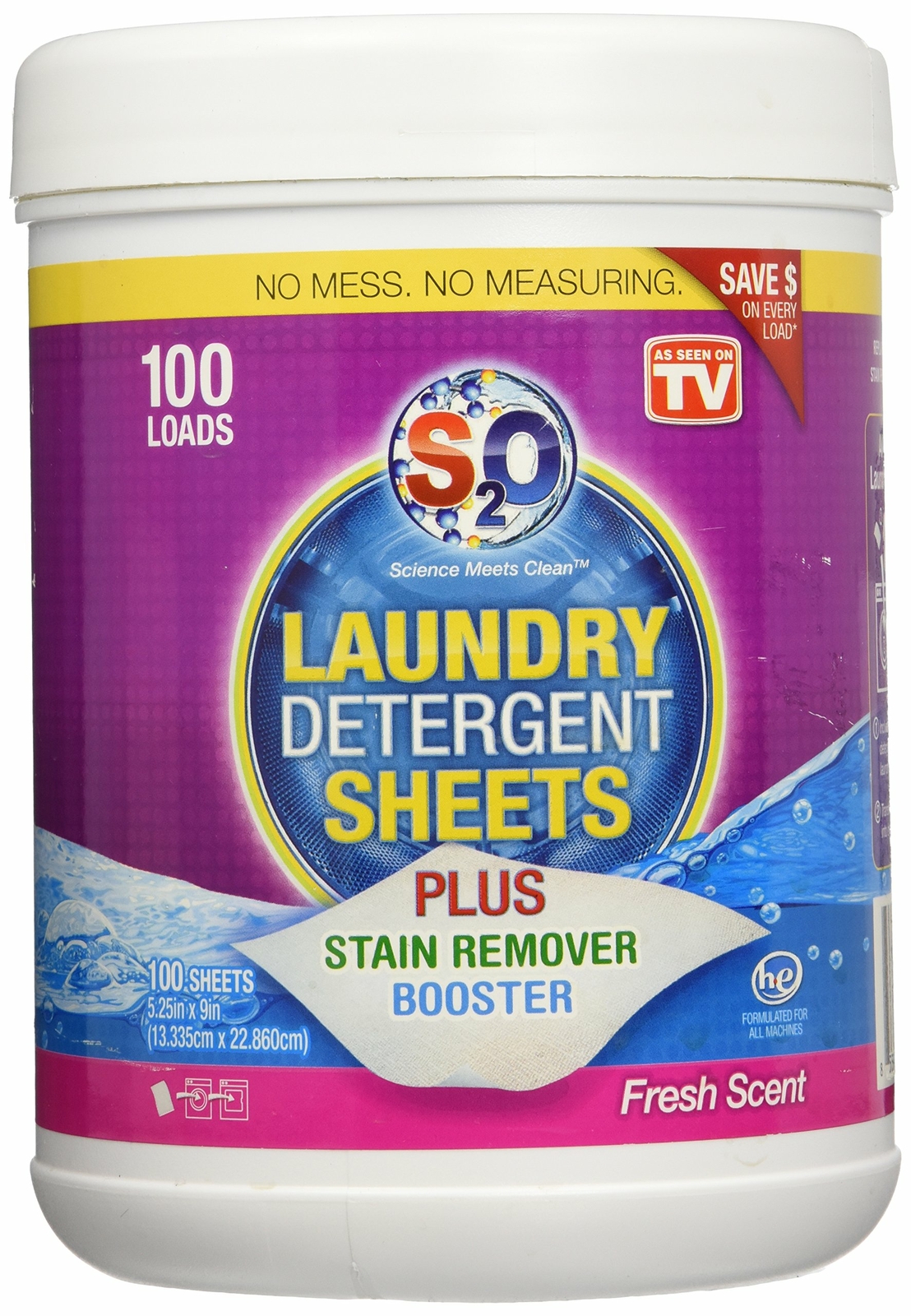 S2O Laundry Detergent Sheets Plus Stain Remover Booster, Fresh Scent, 100 ..