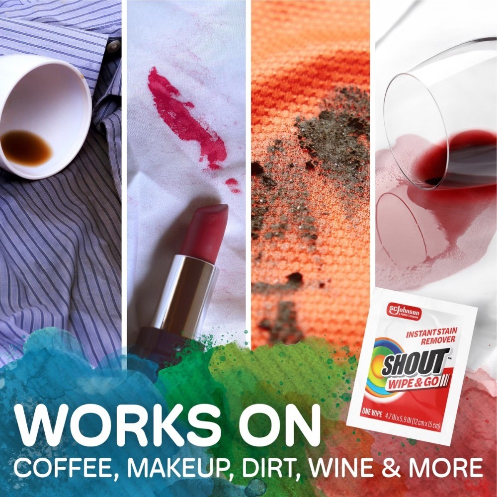 Shout Wipe & Go Travel Stain Remover Wipes for Instant Fabric Stain Removal -4ct