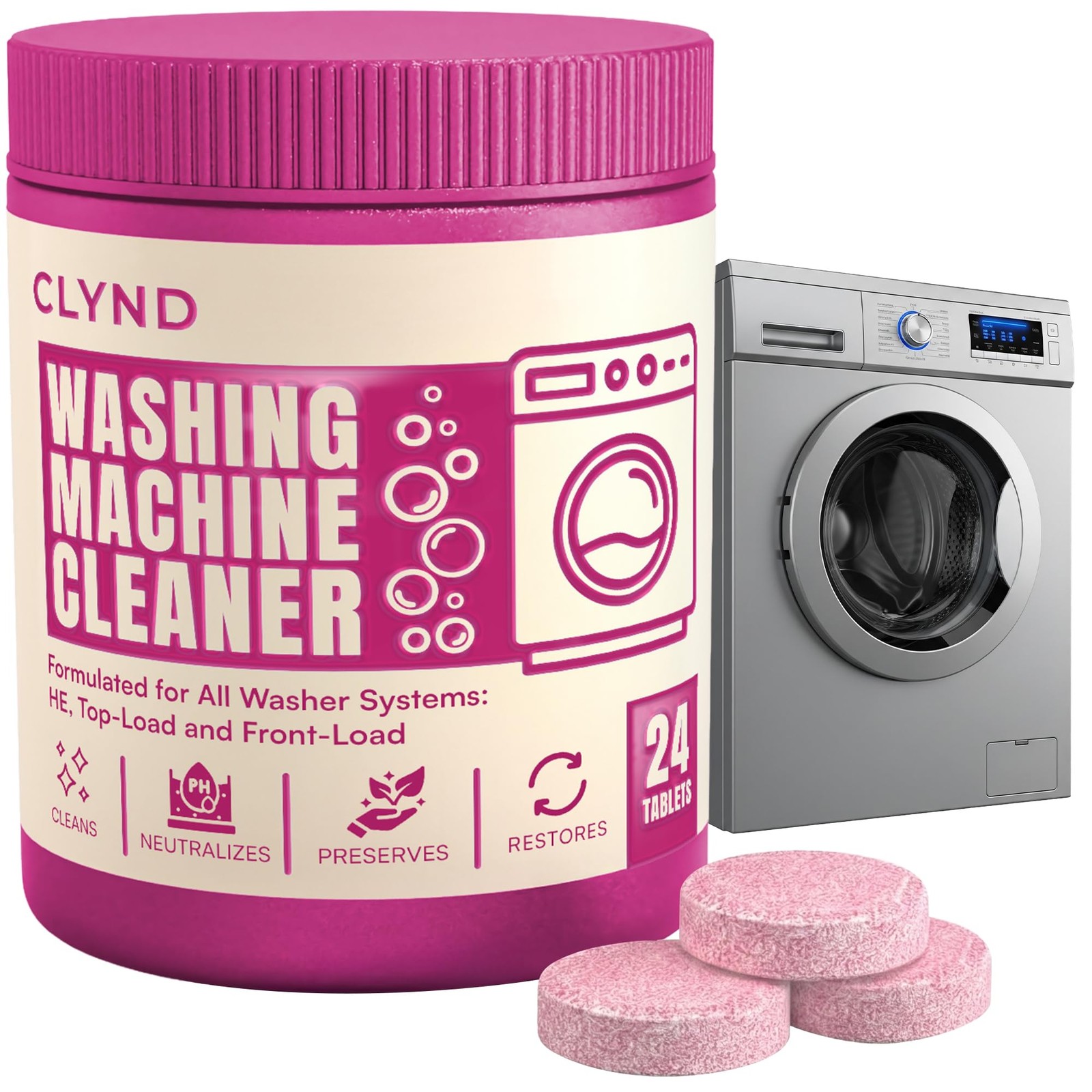 CLYND Washing Machine Cleaner Tablets Unscented 24 1 Count (Pack of 24), Pink