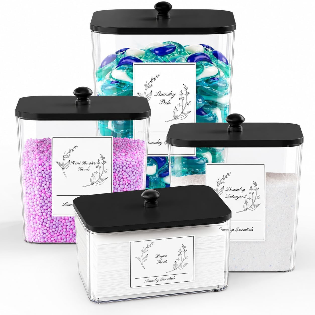 4 Pack Clear Laundry Pods Containers with Lids Scoops Laundry Storage Jars