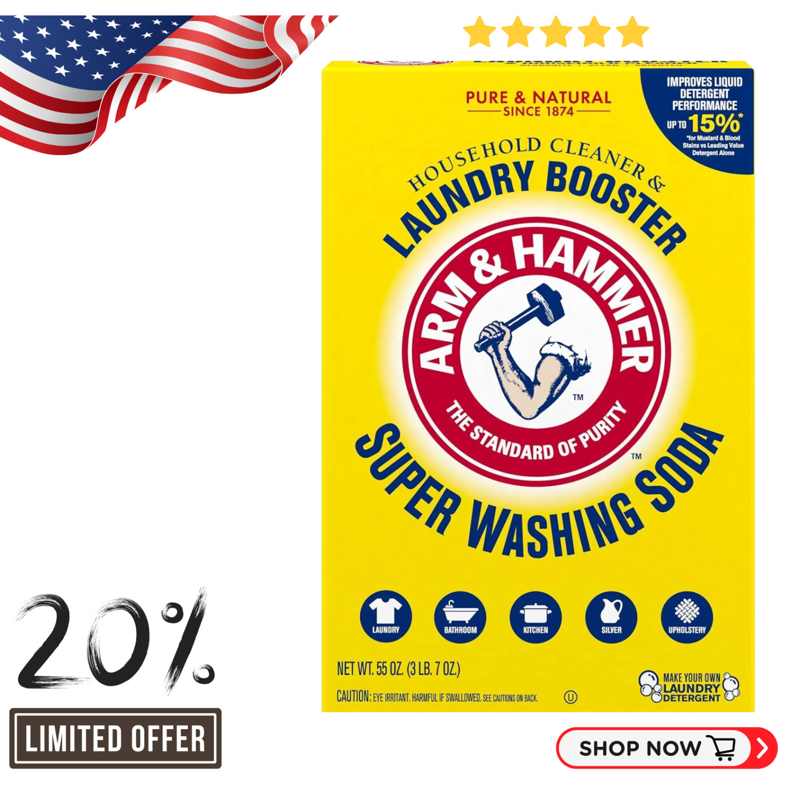 Arm & Hammer Super Washing Soda Detergent Booster & Household Cleaner, 55oz.