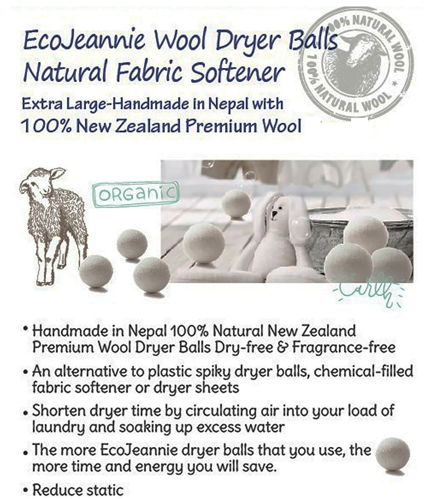 XL 6 Pack EcoJeannie Wool Dryer Balls – 100% Virgin New Zealand Wool, Min 3″ 58g