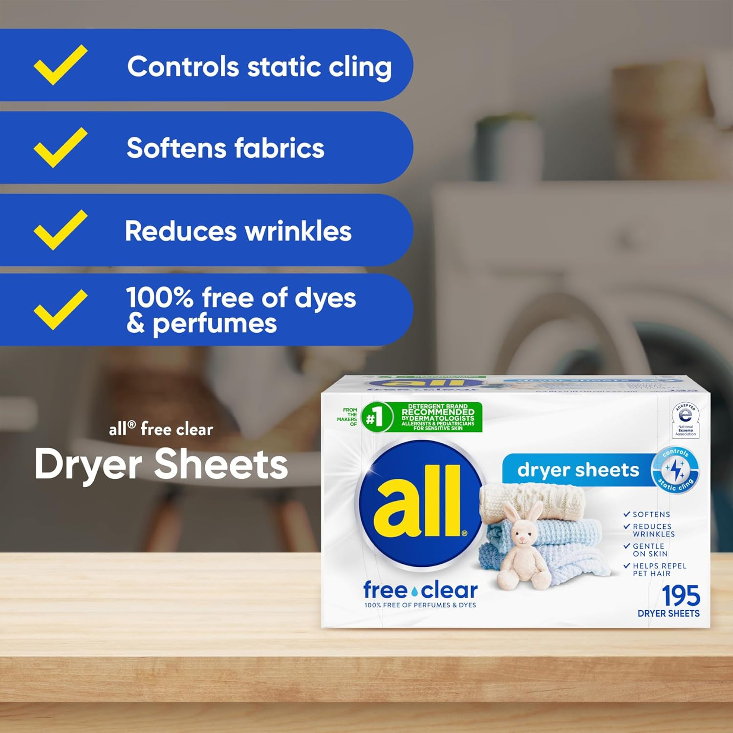 All Free Clear Fabric Softener Dryer Sheets for Sensitive Skin, 195 Count, Hypoa