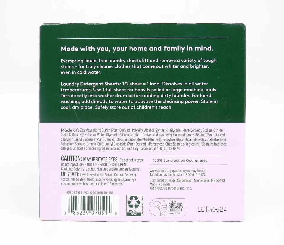 Everspring Laundry Detergent Sheets – Lavender & Bergamot – 1 pack of 64 Loads