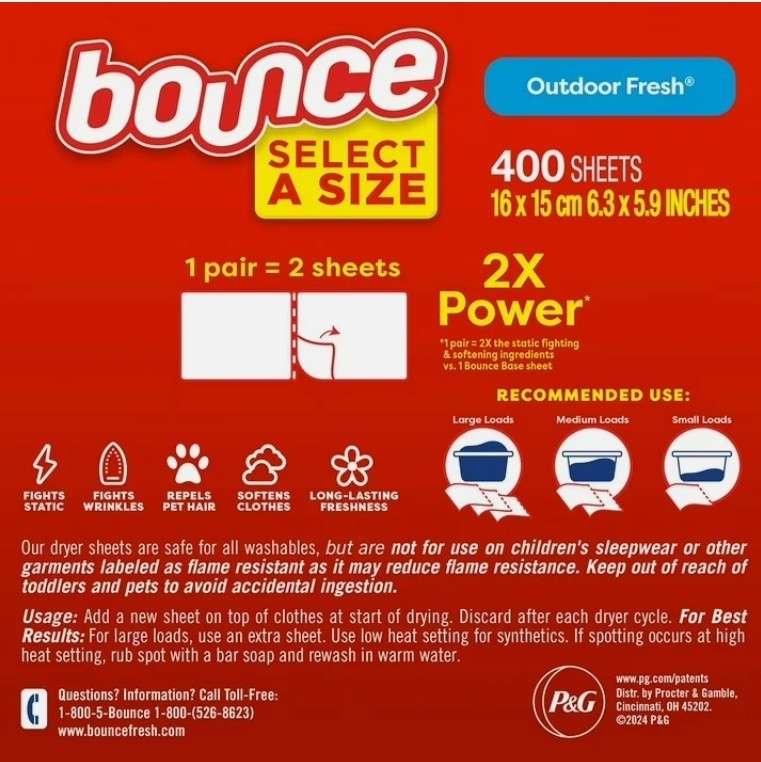 Bounce Select a Size Fabric Softener Dryer Sheets, Outdoor Fresh – 400 Count