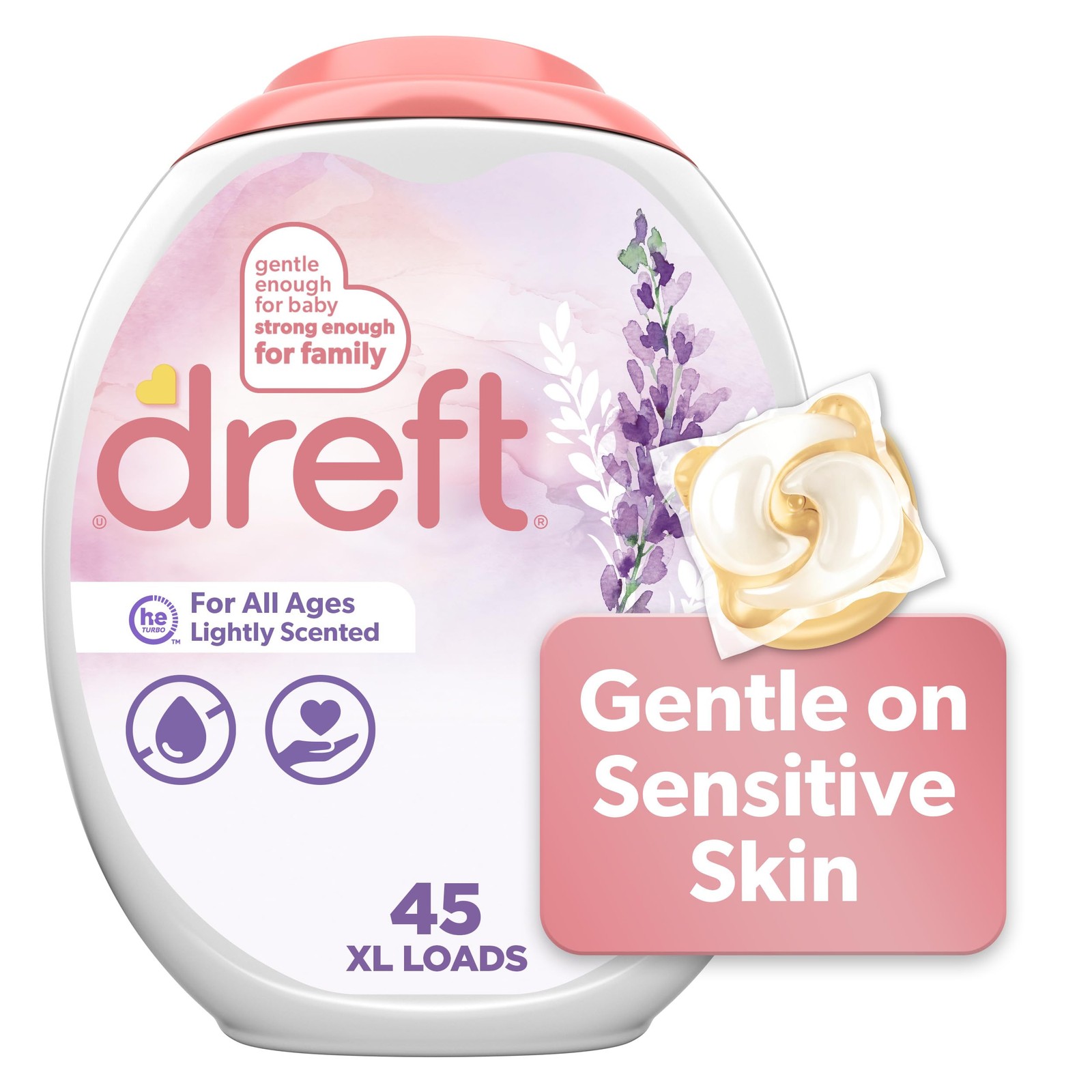 Dreft Laundry Detergent Pacs, Lightly Scented, Lavender, 45 Count (Pack of 1)