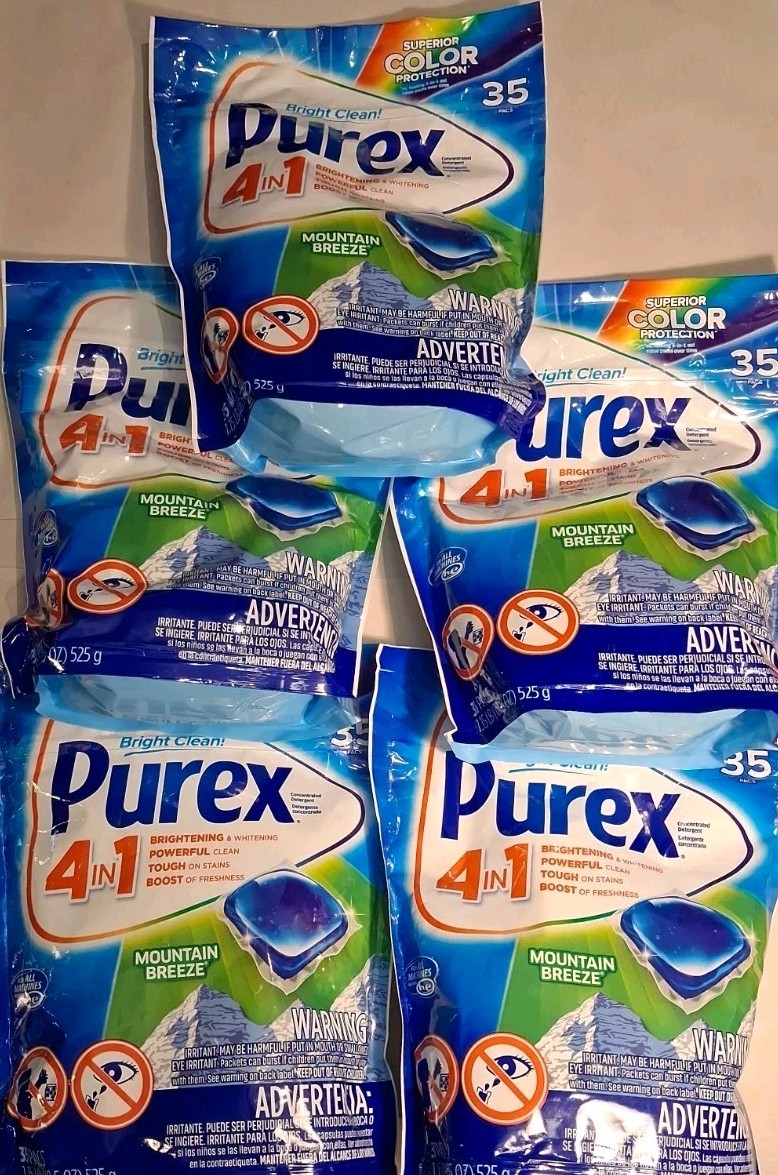 5 Count Purex 4-in-1 Laundry Detergent, Mountain Breeze, 35Pacs 1.15 Lbs X 5