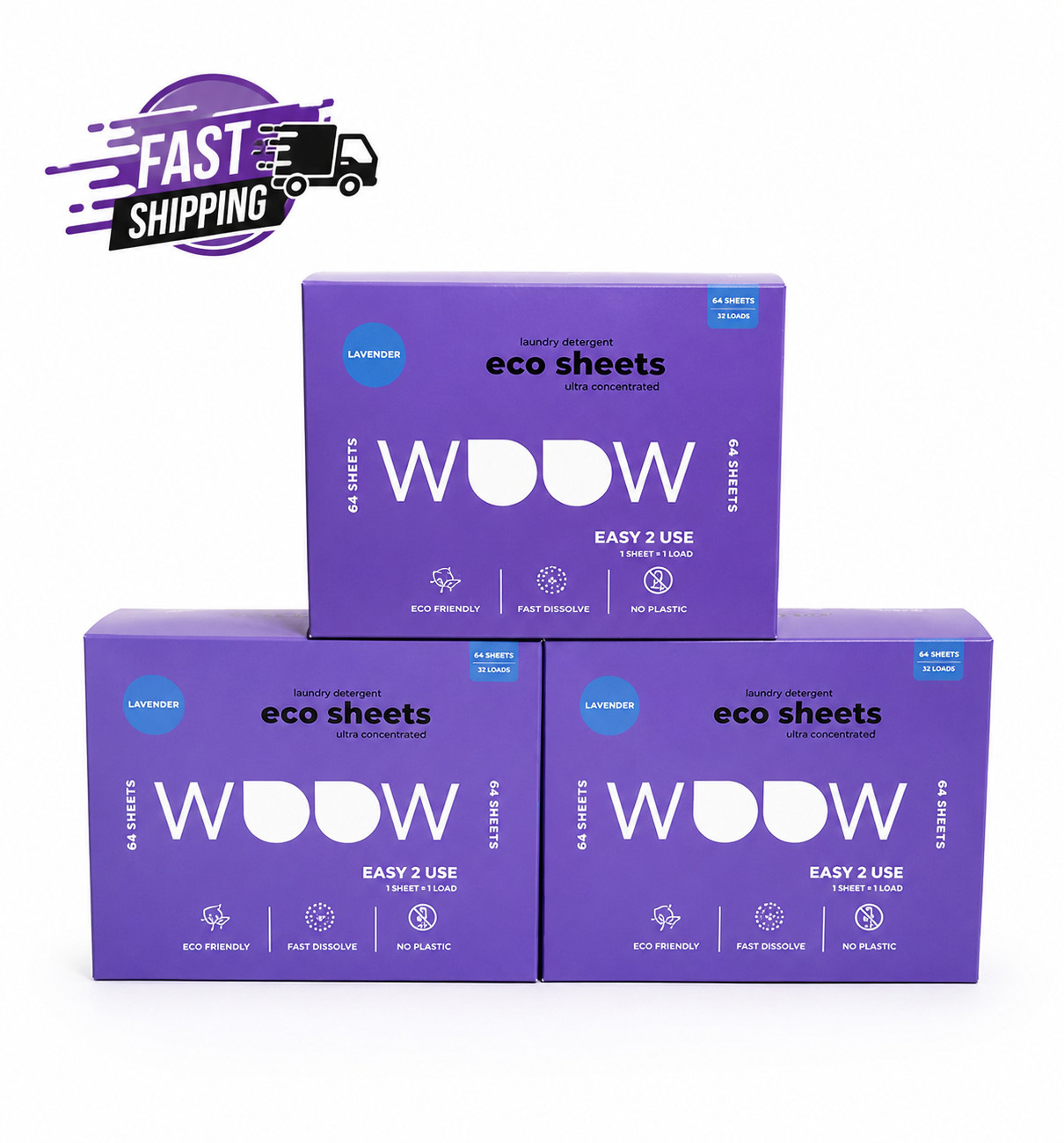 WOOW Eco Sheets Laundry Detergent 3-Pack Lavender Scent 64 Sheets Each fast ship