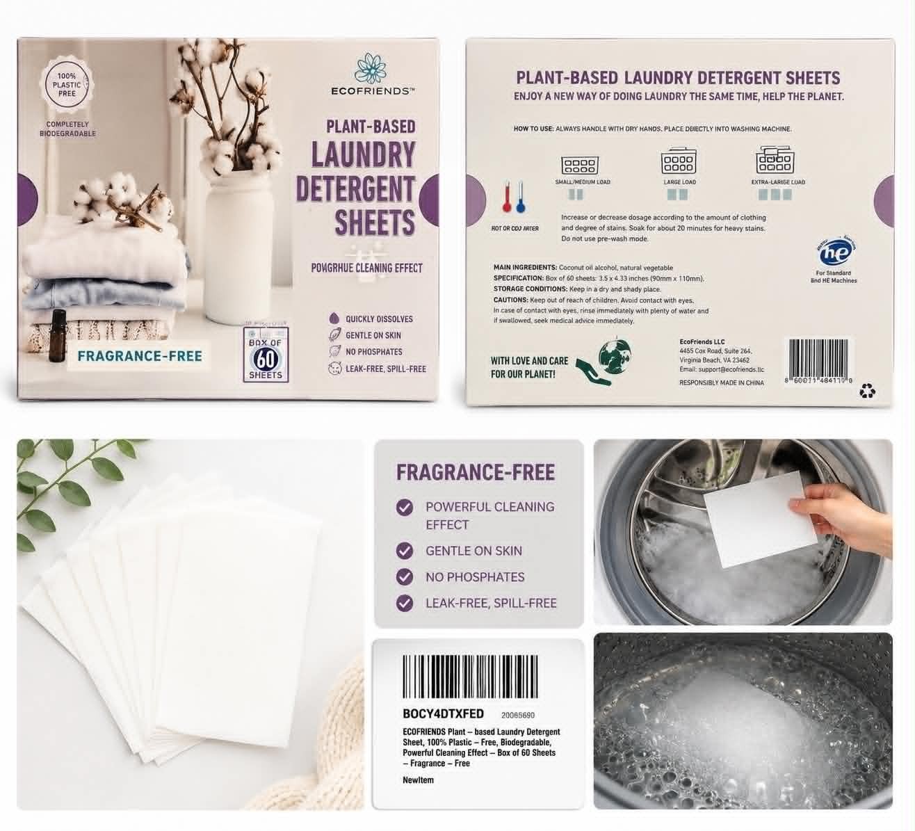 EcoFriends Plant-Based Laundry Detergent Sheets – Fragrance Free (60 Sheets) | N