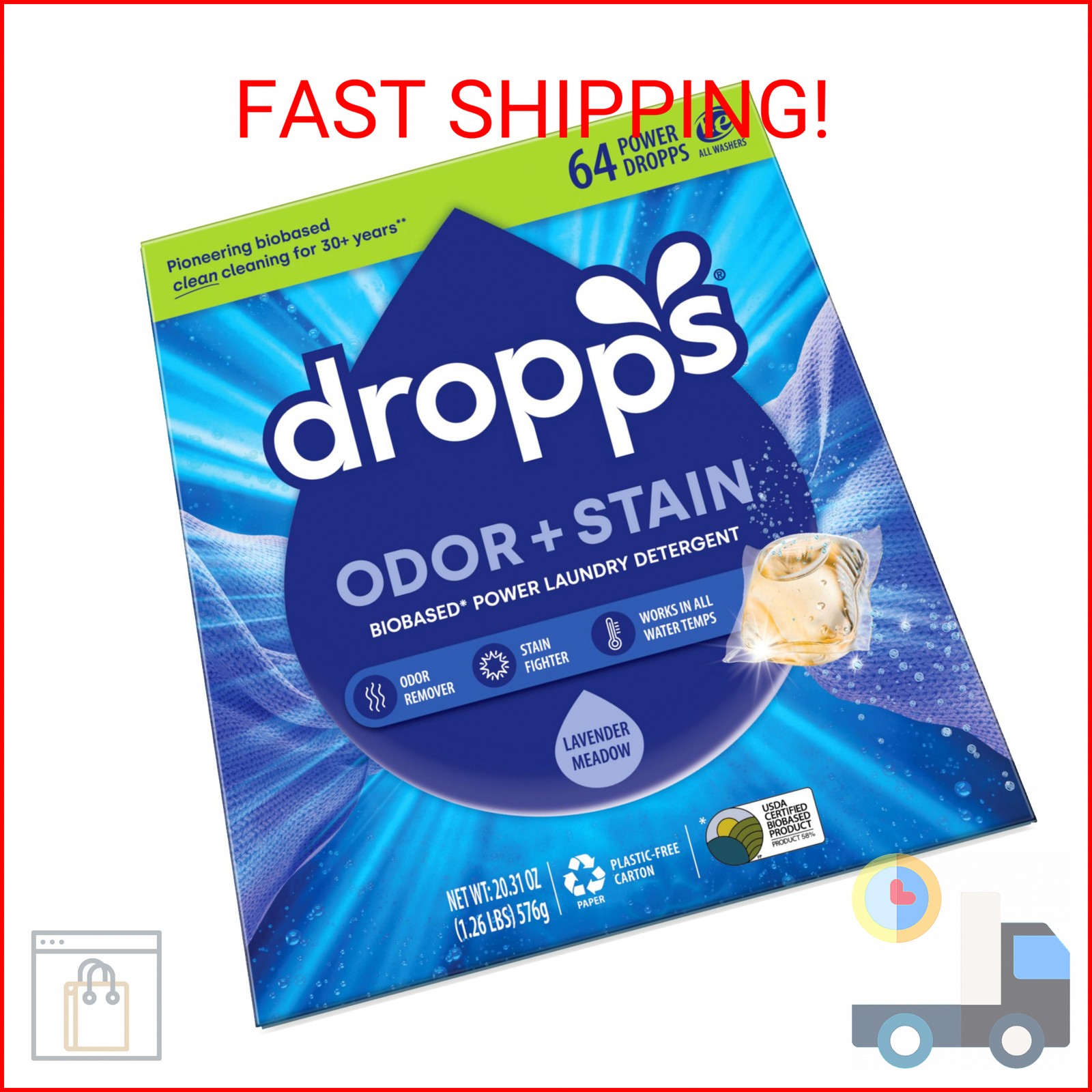 Dropps Odor & Stain Laundry Detergent Pods, Lavender Meadow (64 Count) – Powerfu