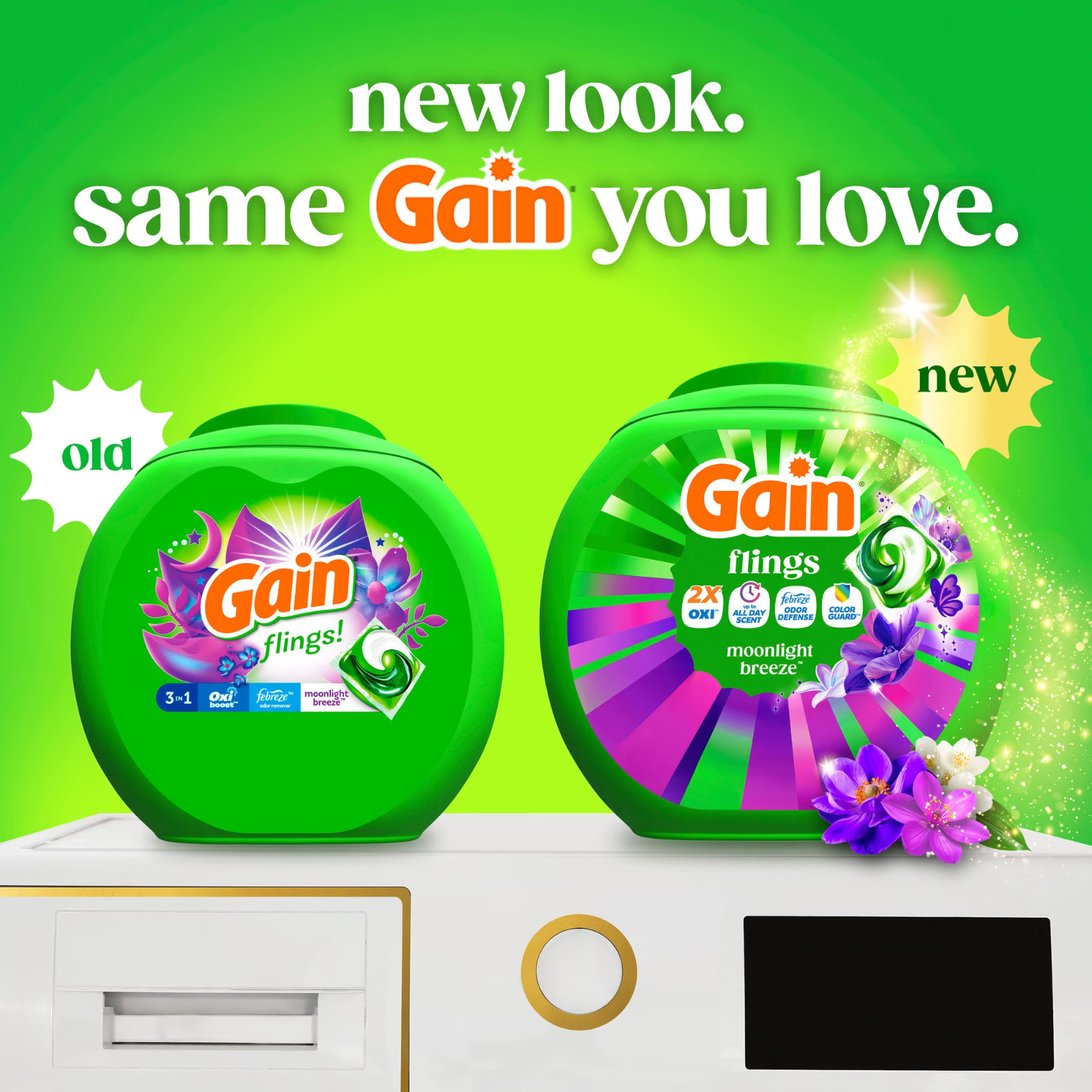 Gain Flings 4-in-1 Detergent Pacs w/ Febreze, Moonlight Breeze, 102 Count