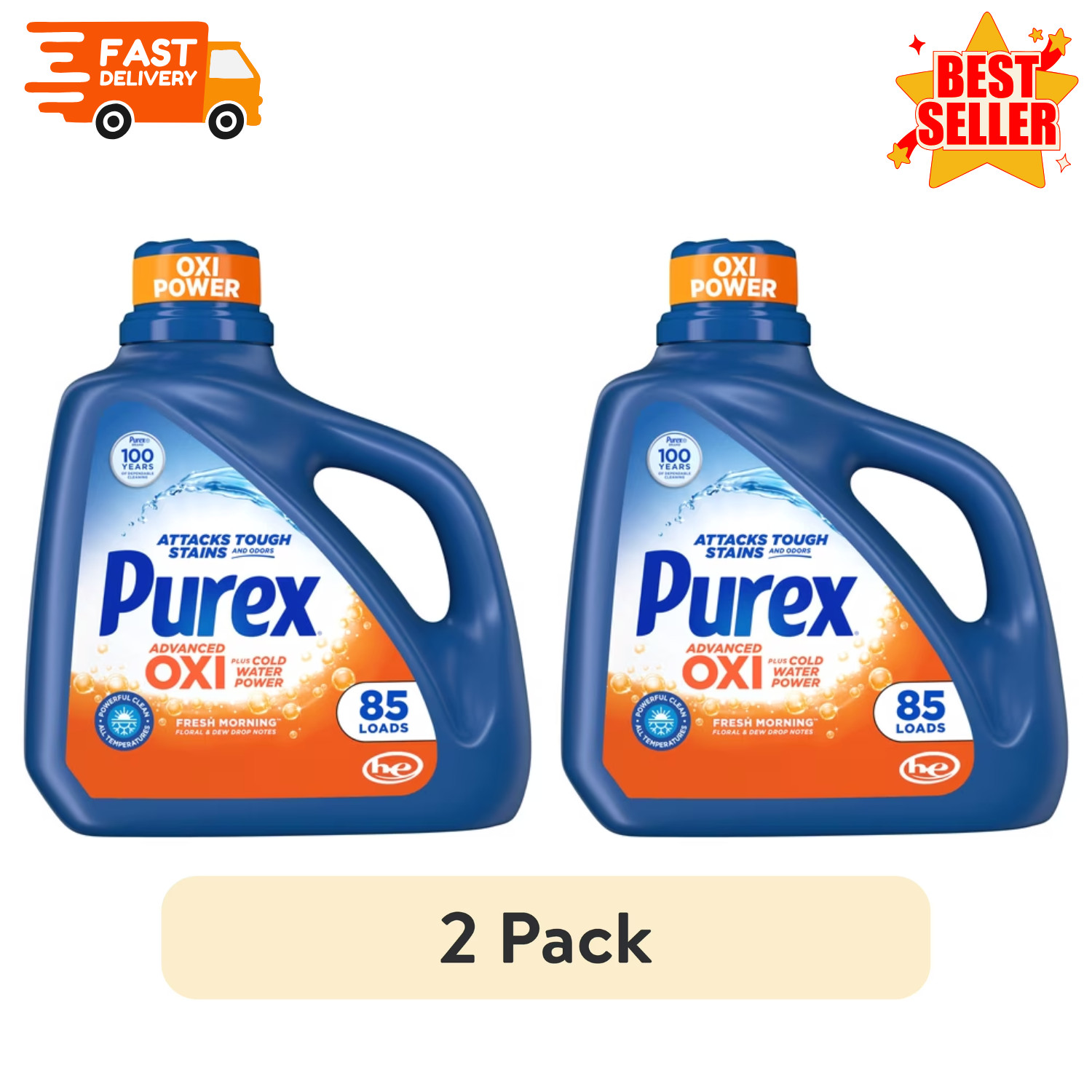 2 Pack Purex Advanced Oxi Odor Fighter Liquid Laundry Detergent 128oz 85 Loads