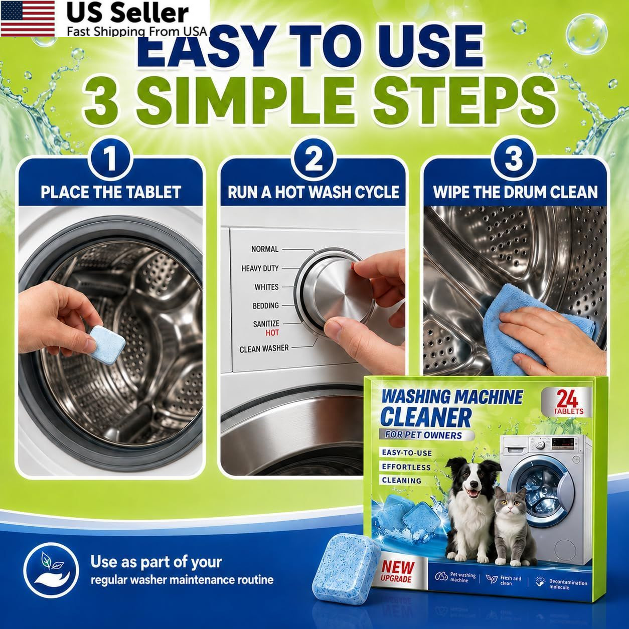 Enzyme Washing Machine Cleaner Tablets Pet Odor Hair Remover Front Top Load 24ct
