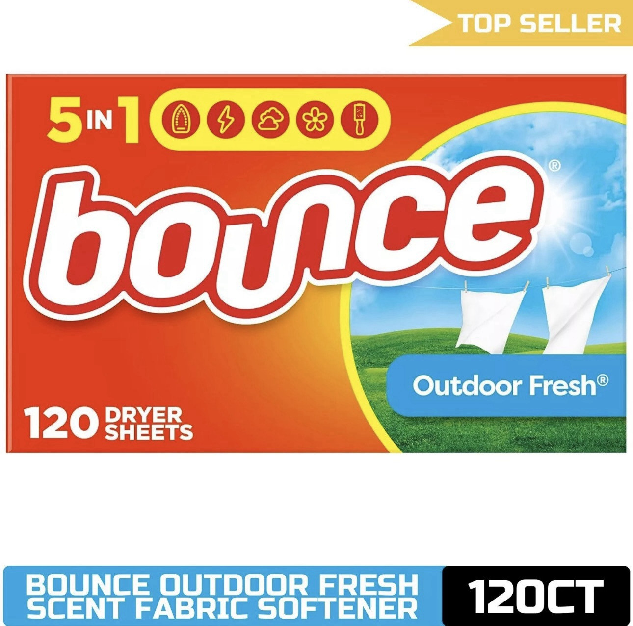 Bounce Dryer Sheets Laundry Fabric Softener, Outdoor Fresh Scent, 120 Count