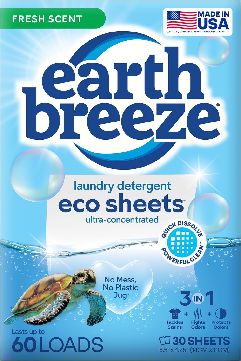 Earth Breeze Laundry Detergent Sheets Fresh Scent 30 Ct 60 Loads Travel Eco