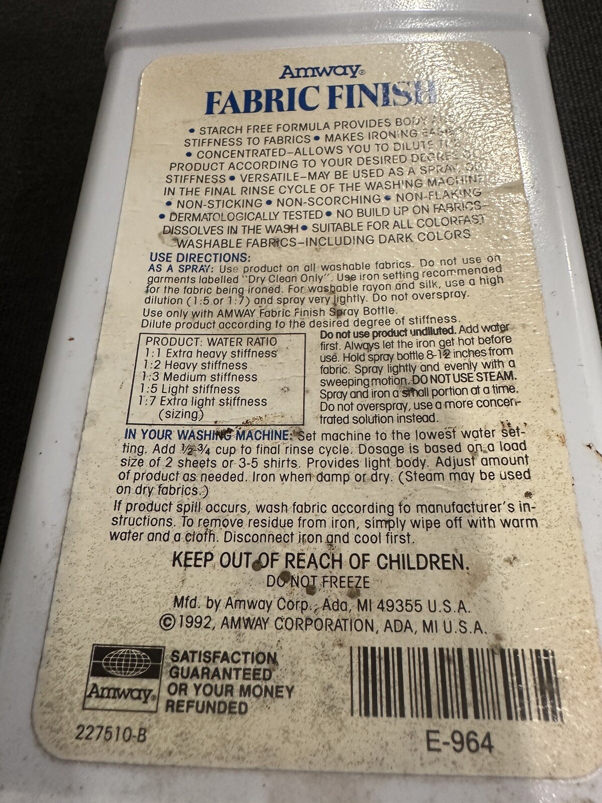 AMWAY Vintage 90s Laundry Fabric Finish 16.9 oz Made USA E964 Rare HTF HALF FULL