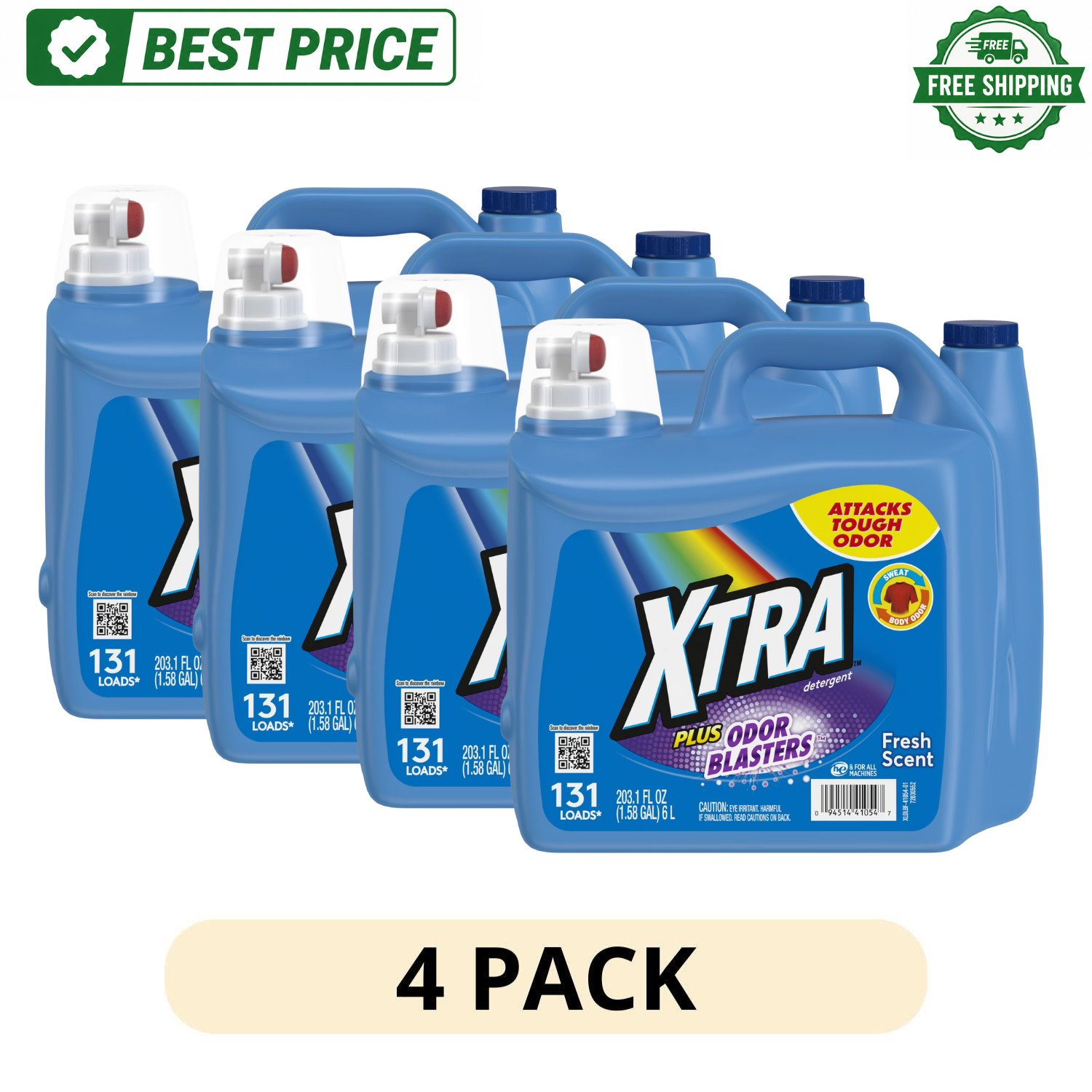 (4 Pack) Xtra Plus Odor Blasters Liquid Laundry Detergent 203.1 fl oz, 131 Loads