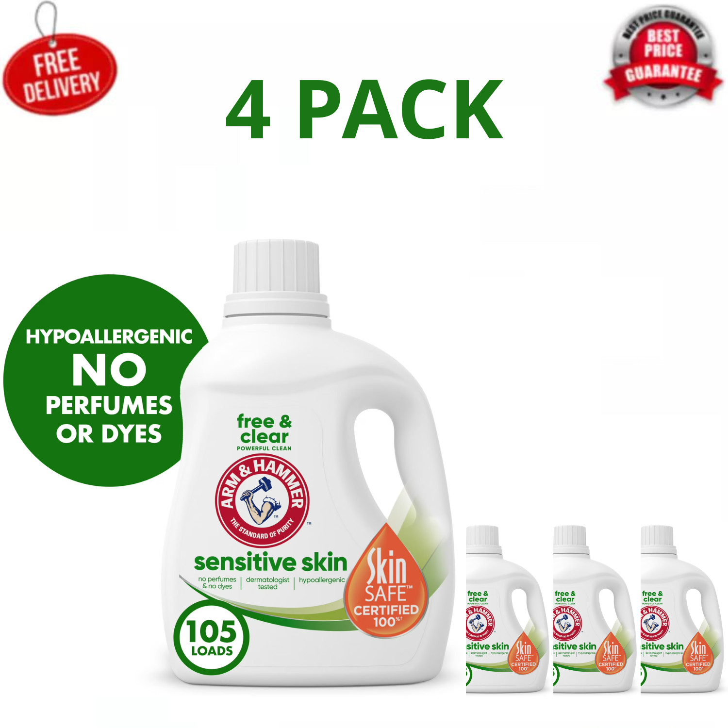 ARM & HAMMER Free & Clear Sensitive Skin Detergent 105oz 105 Loads, 4 Pack