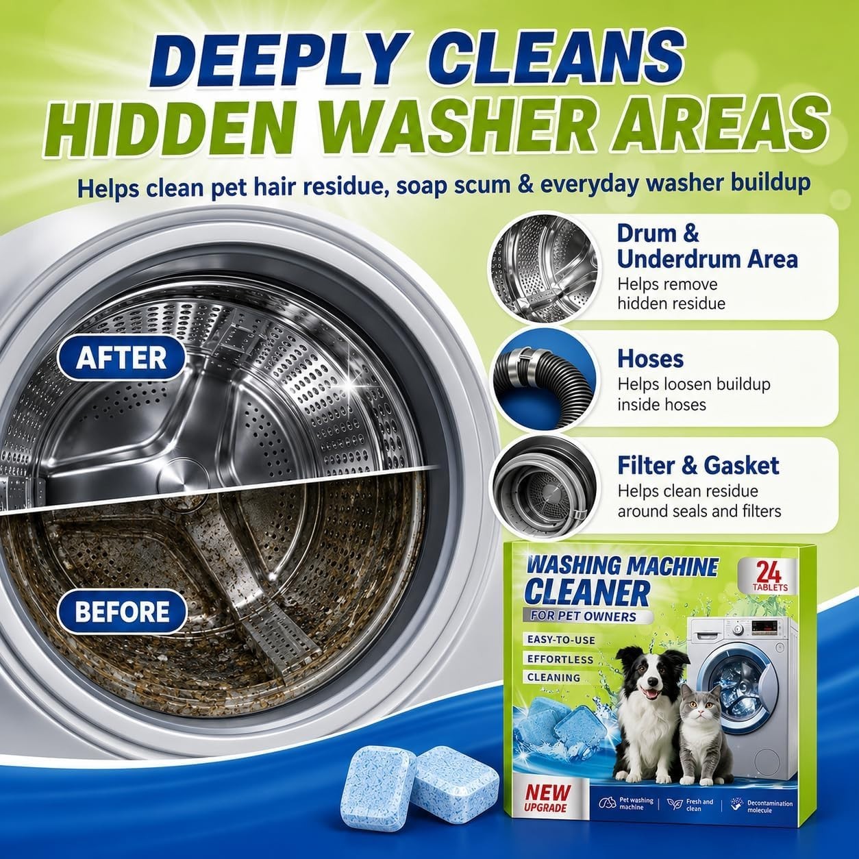 Enzyme Washing Machine Cleaner Tablets for Pet Owners, 24 Count (Pack of 1)