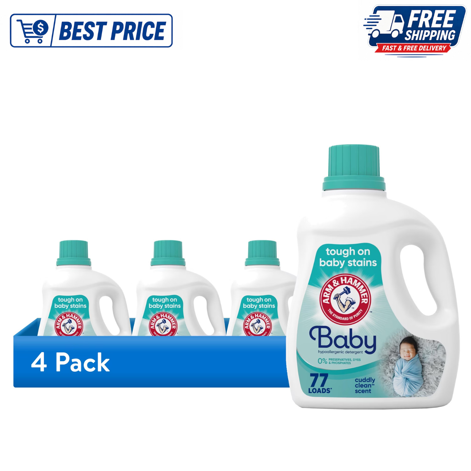 (4 pack) ARM & HAMMER Baby Hypoallergenic Laundry Detergent 100.5 fl oz 77 Loads