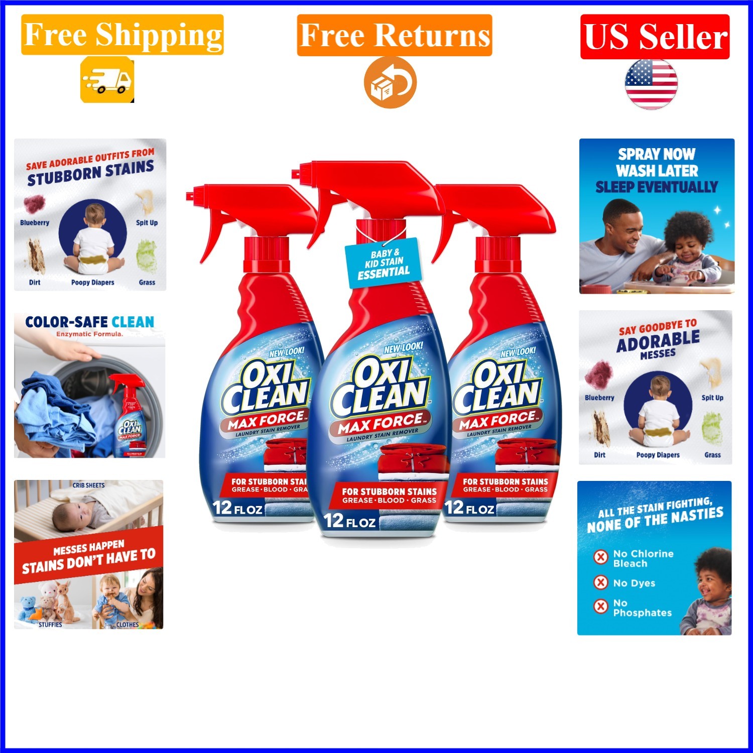 Max Force Baby Laundry Stain Remover Spray, 36 fl oz, 3-Pack