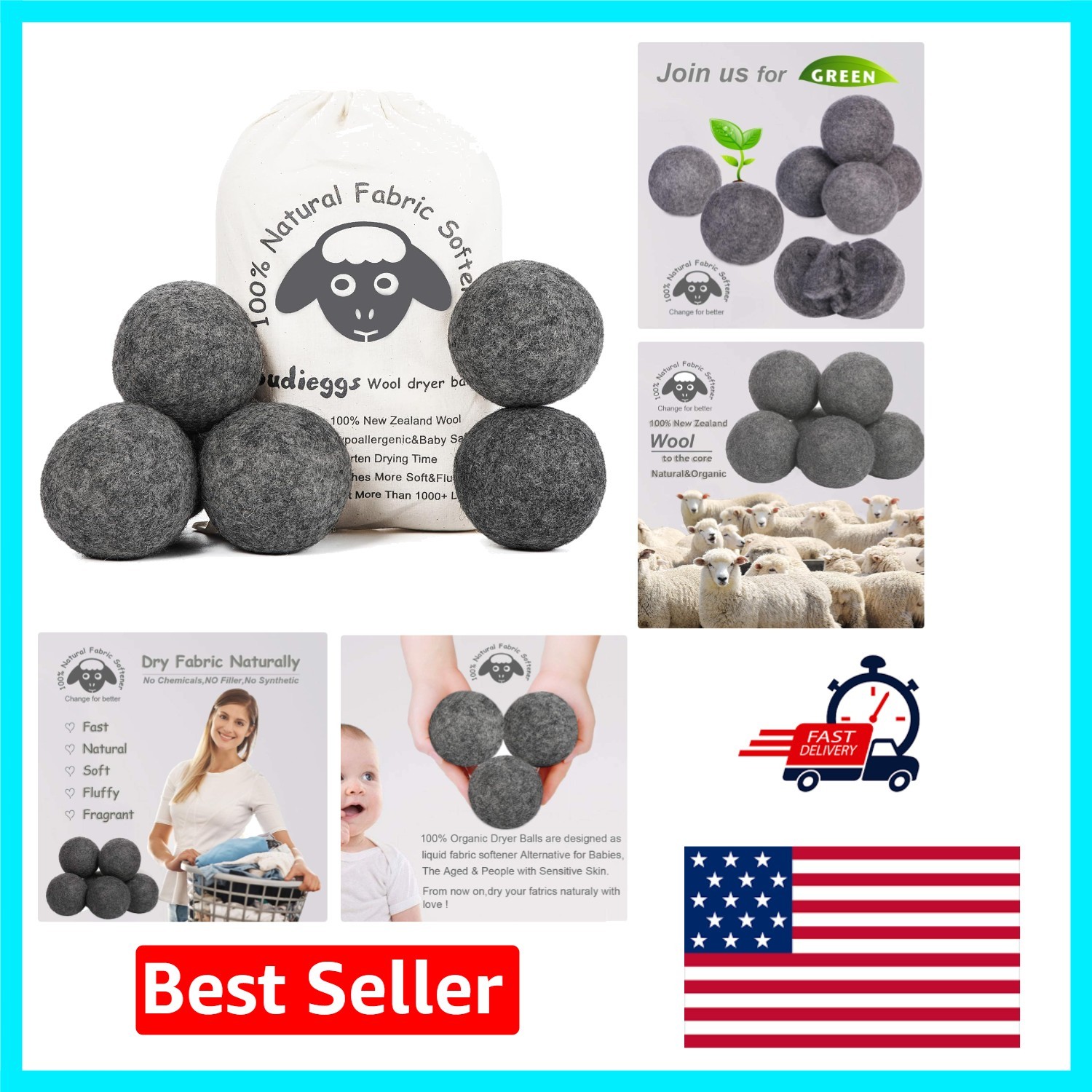 Natural 6-Pack Organic Wool Dryer Balls – Lasts 1000 Loads, Essential Oil Ready