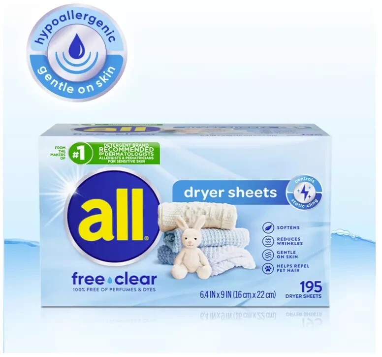 All Fabric Softener Dryer Sheets for Sensitive Skin, Free Clear, 195 Count