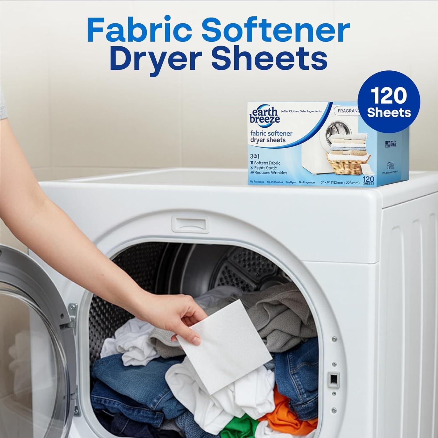 Earth Breeze Fabric Softener Dryer Sheets – Fragrance Free, Hypoallergenic, No H